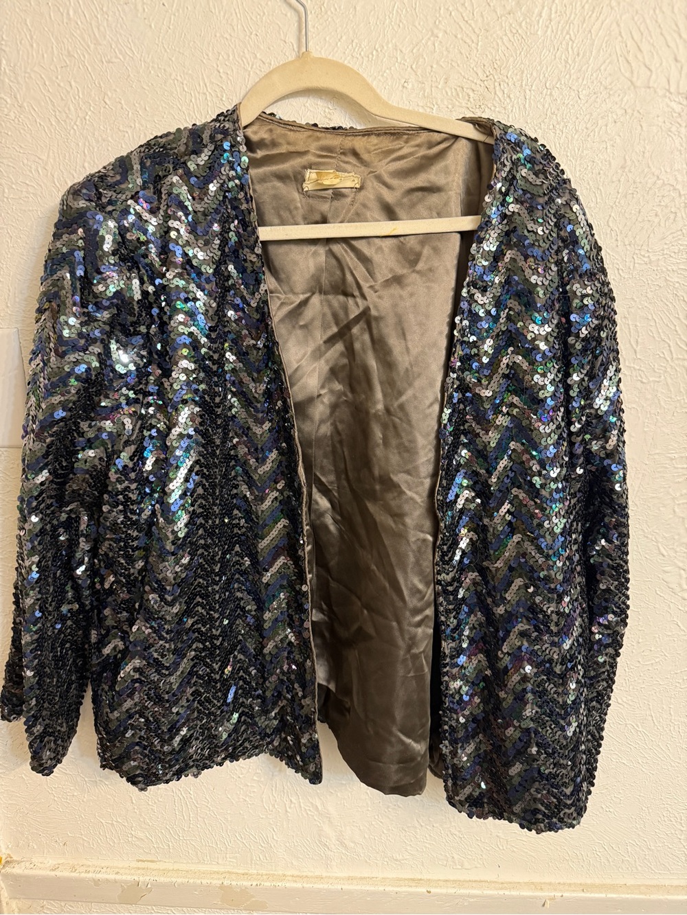 Vintage Edith Flagg Sequin Chevron Open Jacket in Iridescent Navy & Black